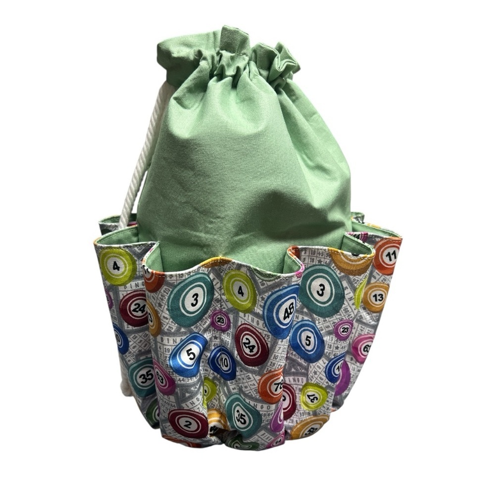 Hand Crafted Bingo Bag Dauber Bag Bingo Lover Handbag Drawstring Tote 10 pockets - Picture 2 of 15